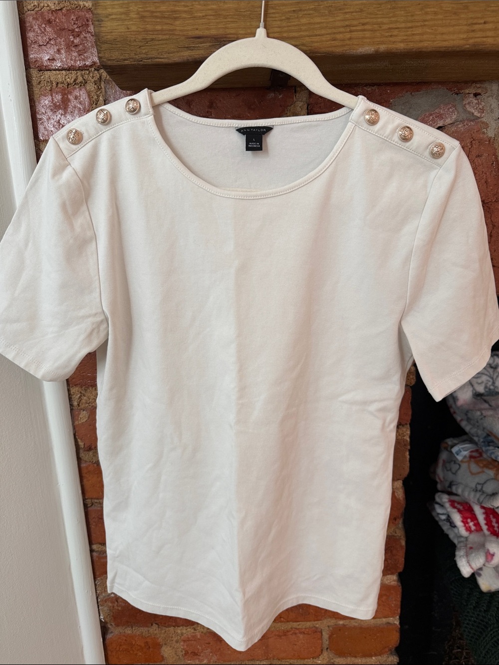 Ann Taylor Cream Button-Shoulder Short Sleeve Top